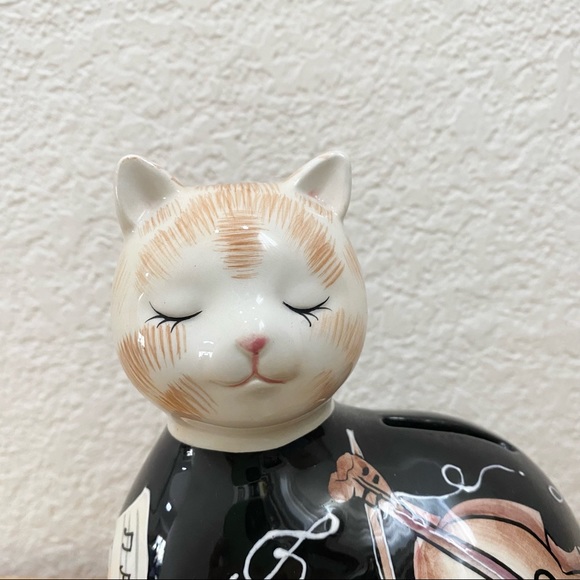 Vintage Ceramic Glazed Cat Piggy Coin Bank Musical Themed Design Violin Music - Picture 2 of 15